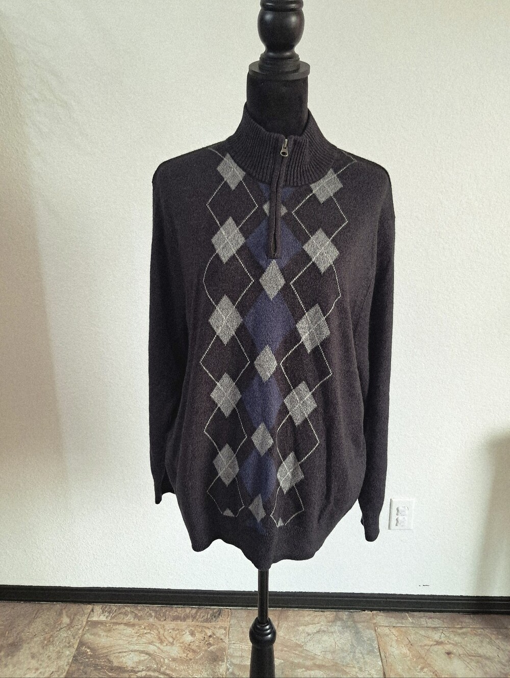 Geoffrey Beene Argyle Knit Sweater 1/4 Zip Charcoal Navy Ivy League Preppy